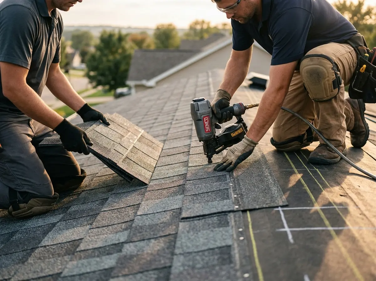 Professional roofer working on a residential roof in Perry Heights